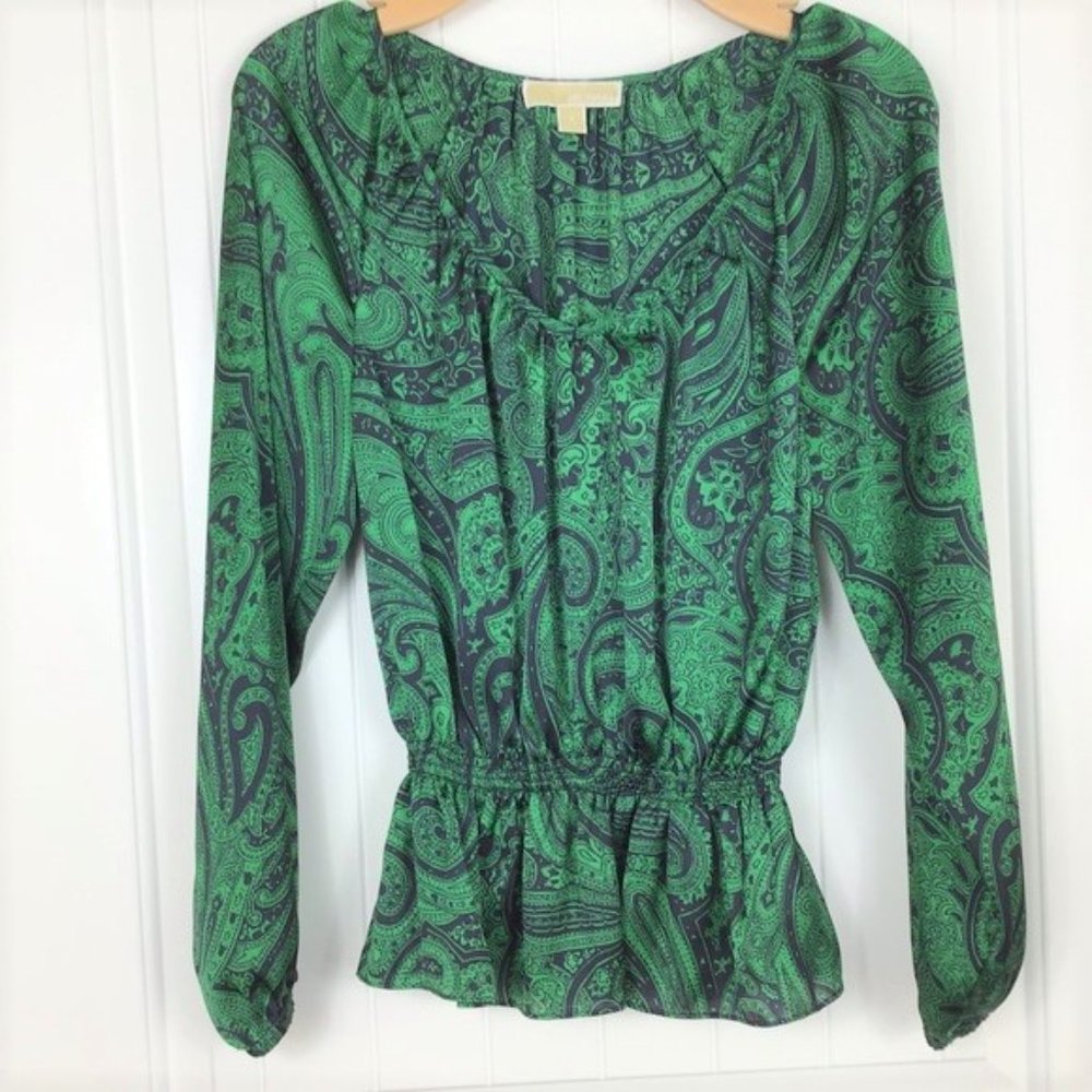 MICHAEL Michael Kors Green and Blue Paisley Blouse Top size S